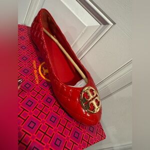 Tory Burch Red Quilted Flats with Gold Logo